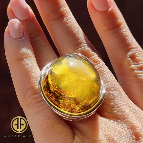 Earth Stone Amber Free Shape Adjustable Ring Sterling Silver