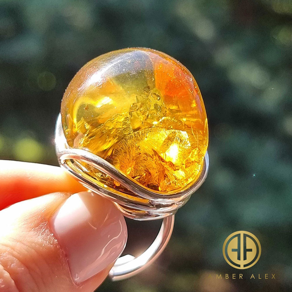 Earth Stone Amber Free Shape Adjustable Ring Sterling Silver