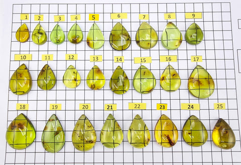 Green Amber Drop Shape Cabochons With Insects