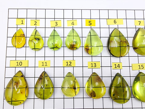 Green Amber Drop Shape Cabochons With Insects