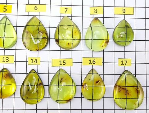 Green Amber Drop Shape Cabochons With Insects