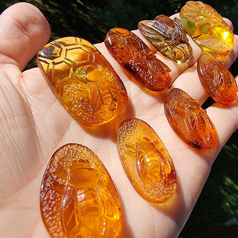 Cognac Amber Carved Bee On Honeycomb Cognac Cabochon