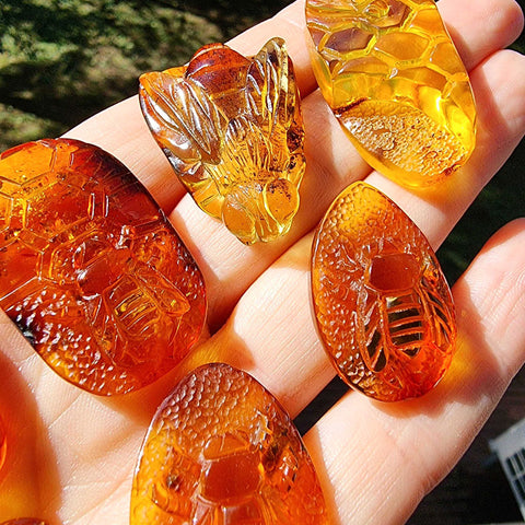 Cognac Amber Carved Bee On Honeycomb Cognac Cabochon