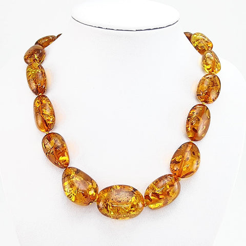 Cognac Amber Big Nugget Beads Necklace 14k Gold Plated