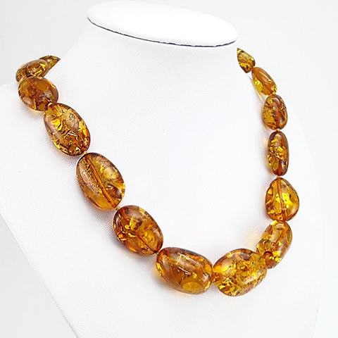 Cognac Amber Big Nugget Beads Necklace 14k Gold Plated