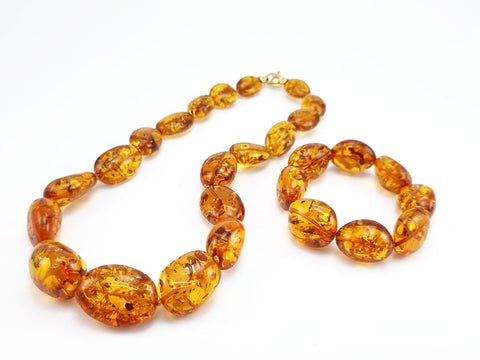 Cognac Amber Big Nugget Beads Necklace 14k Gold Plated