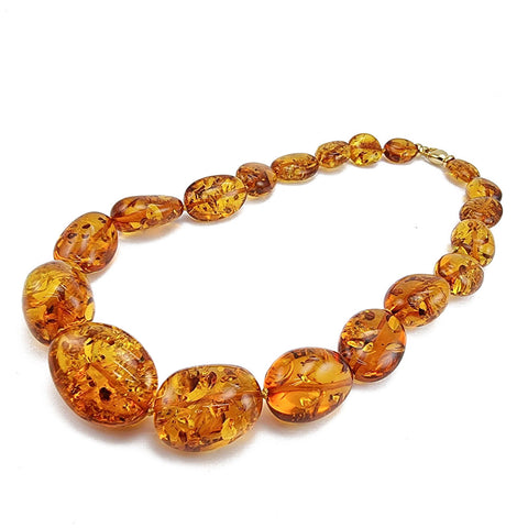 Cognac Amber Big Nugget Beads Necklace 14k Gold Plated