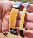 Men's Black Leather Bracelet with Amber Mosaic