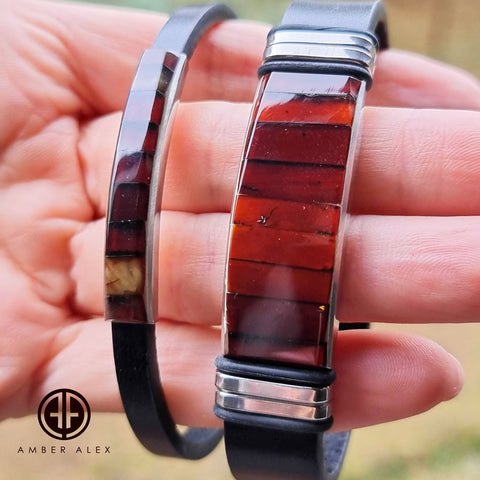 Men's Black Leather Bracelet with Amber Mosaic