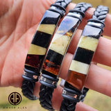 Men's Black Faux Leather Bracelet with Amber Mosaic