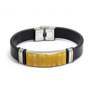 Men's Black Leather Bracelet with Amber Mosaic