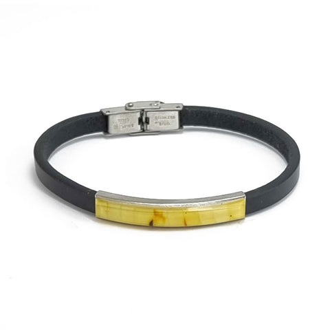 Men's Black Leather Bracelet with Amber Mosaic