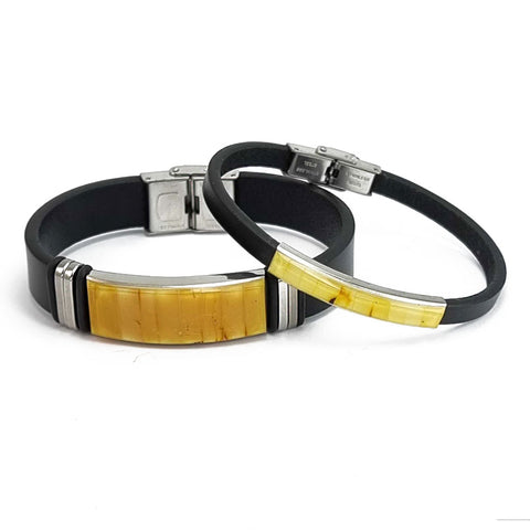 Men's Black Leather Bracelet with Amber Mosaic