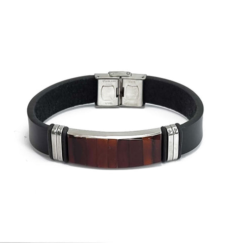 Men's Black Leather Bracelet with Amber Mosaic