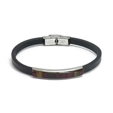 Men's Black Leather Bracelet with Amber Mosaic