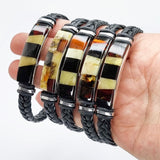Men's Black Faux Leather Bracelet with Amber Mosaic