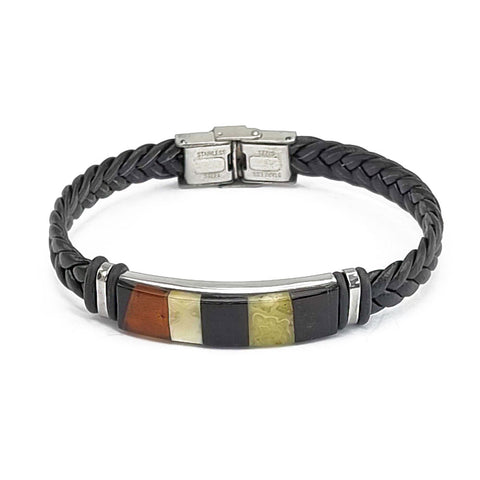 Men's Black Faux Leather Bracelet with Amber Mosaic