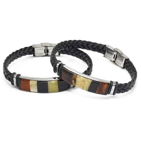 Men's Black Faux Leather Bracelet with Amber Mosaic