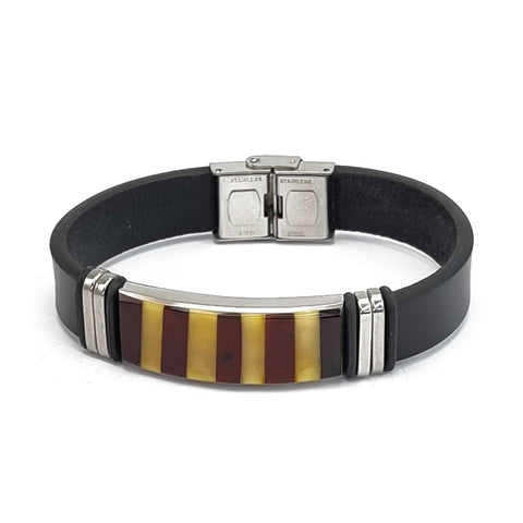 Men's Black Leather Bracelet with Amber Mosaic