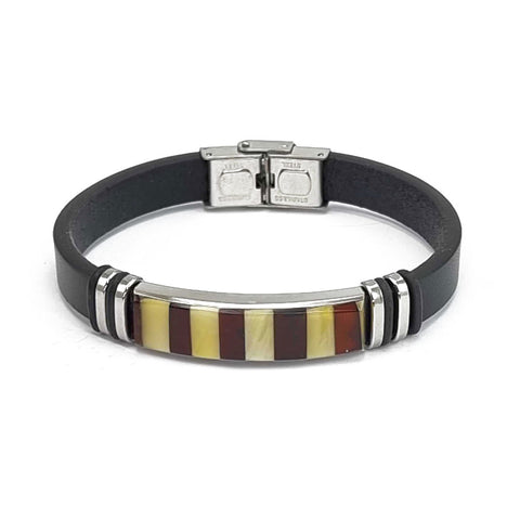 Men's Black Leather Bracelet with Amber Mosaic