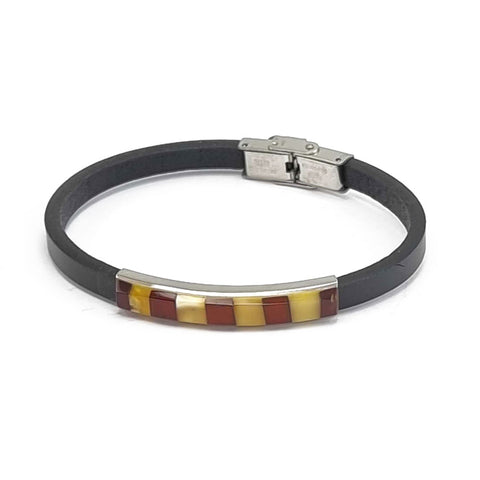 Men's Black Leather Bracelet with Amber Mosaic