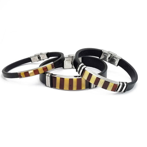 Men's Black Leather Bracelet with Amber Mosaic