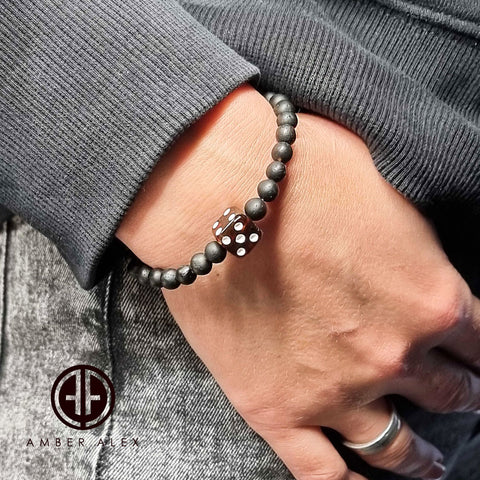 Black Amber Dice Cube & Round Beads Stretch Bracelet