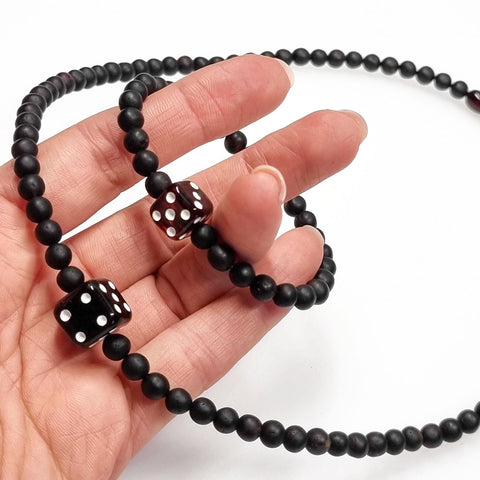 Black Amber Dice Cube & Round Beads Stretch Bracelet