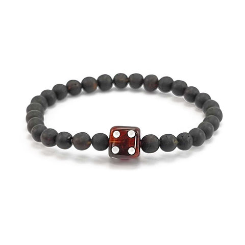 Black Amber Dice Cube & Round Beads Stretch Bracelet