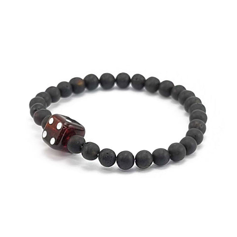 Black Amber Dice Cube & Round Beads Stretch Bracelet