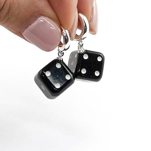 Black Amber Dice Cube Dangle Earrings Sterling Silver