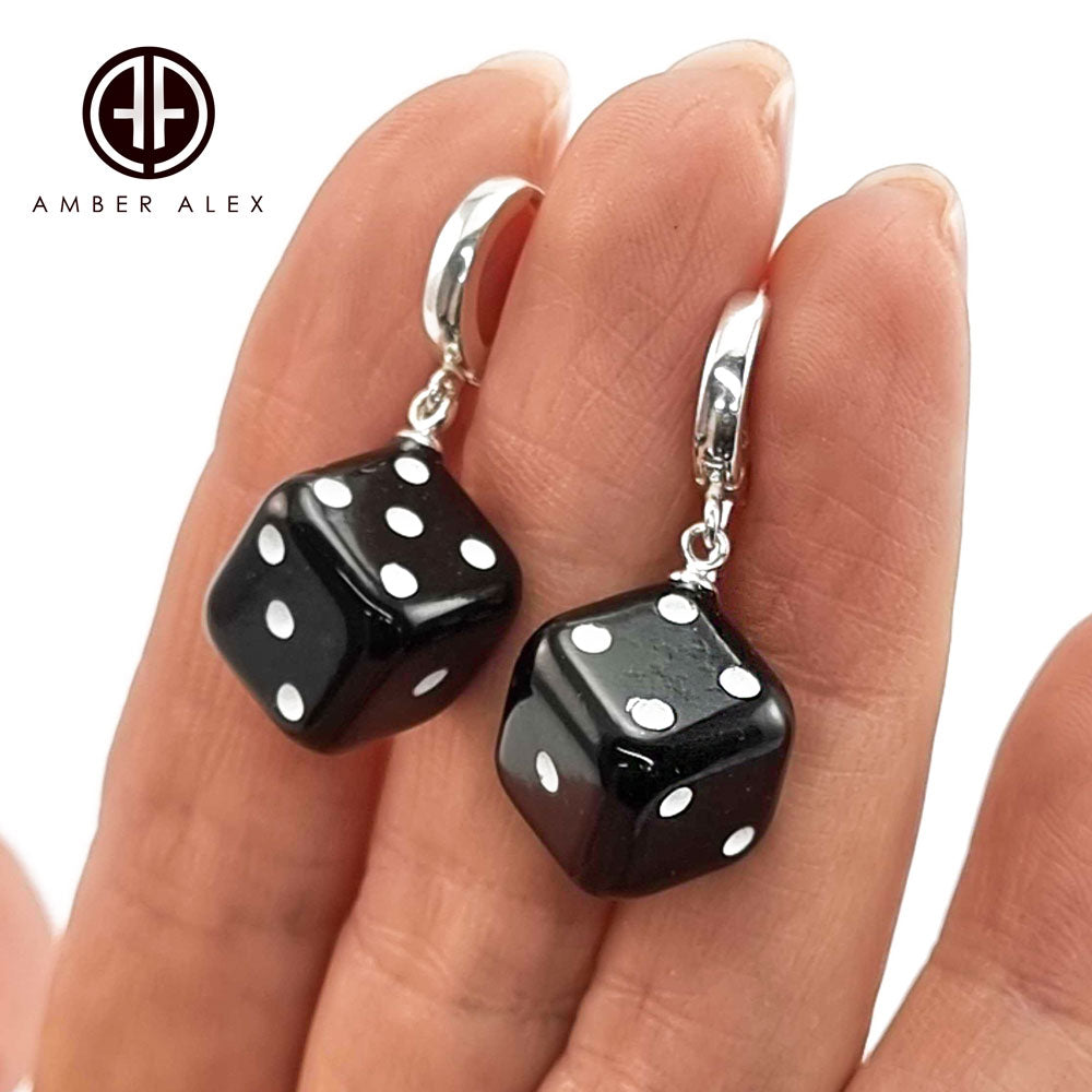 Black Amber Dice Cube Dangle Earrings Sterling Silver