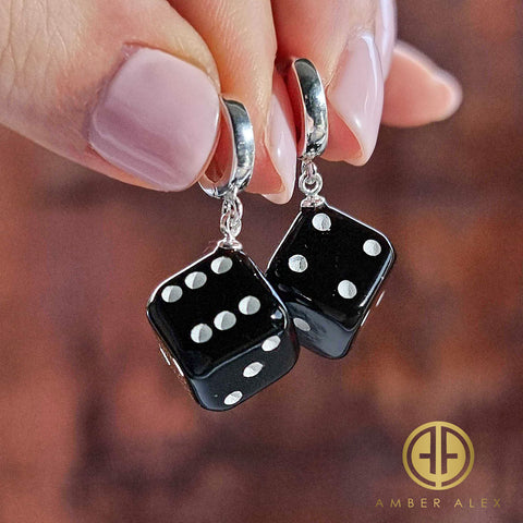 Black Amber Dice Cube Dangle Earrings Sterling Silver