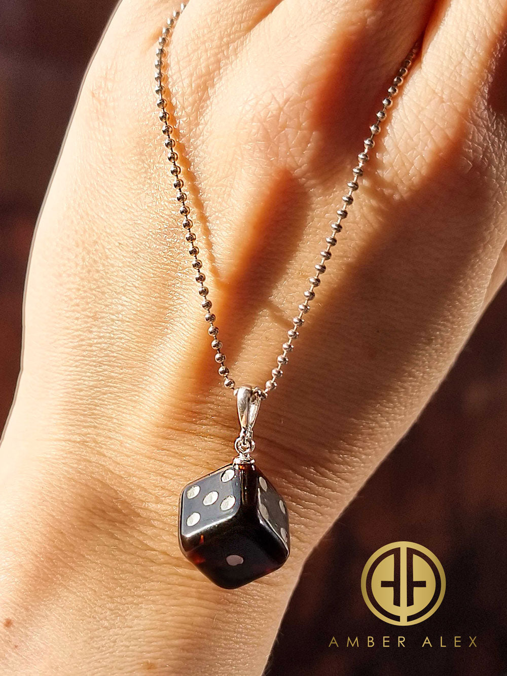 Cognac Amber Dice Cube Pendant & Chain Necklace Sterling Silver