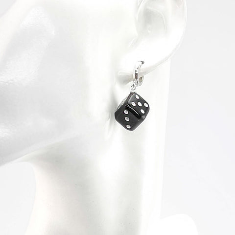 Black Amber Dice Cube Dangle Earrings Sterling Silver