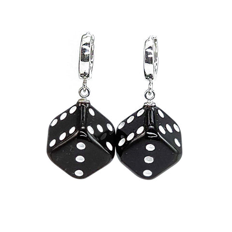 Black Amber Dice Cube Dangle Earrings Sterling Silver