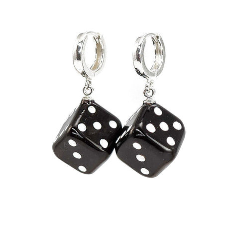 Black Amber Dice Cube Dangle Earrings Sterling Silver