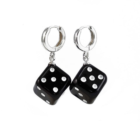 Black Amber Dice Cube Dangle Earrings Sterling Silver