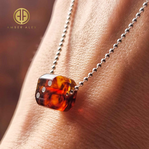 Cognac Amber Dice Cube Pendant & Chain Necklace Sterling Silver