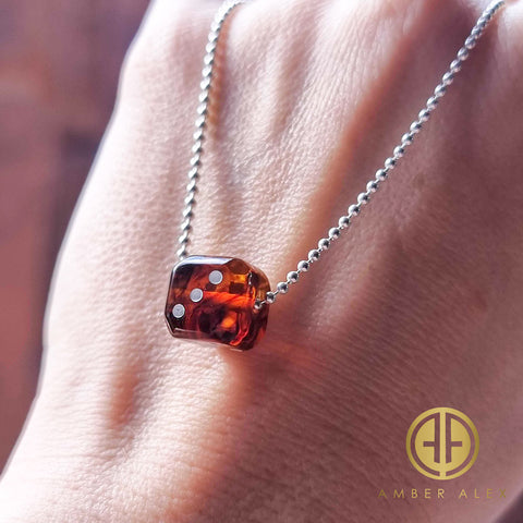 Cognac Amber Dice Cube Pendant & Chain Necklace Sterling Silver