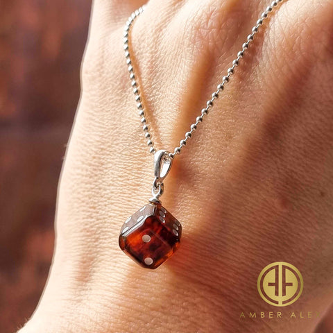 Cognac Amber Dice Cube Pendant & Chain Necklace Sterling Silver