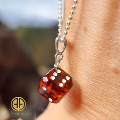 Cognac Amber Dice Cube Pendant & Chain Necklace Sterling Silver