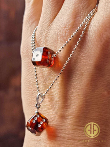 Cognac Amber Dice Cube Pendant & Chain Necklace Sterling Silver