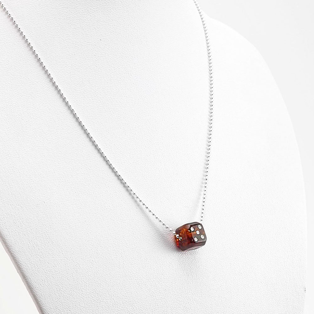 Cognac Amber Dice Cube Pendant & Chain Necklace Sterling Silver