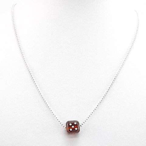 Cognac Amber Dice Cube Pendant & Chain Necklace Sterling Silver