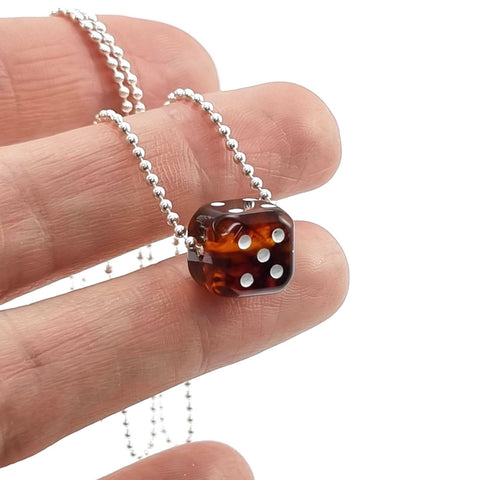 Cognac Amber Dice Cube Pendant & Chain Necklace Sterling Silver