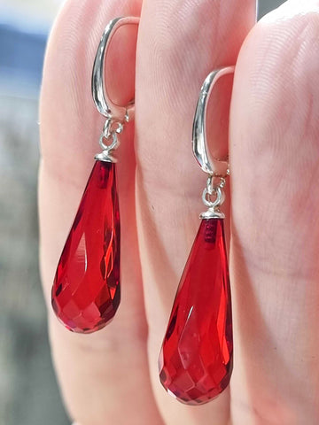 Red Amber Faceted Teardrop Dangle Earrings Sterling Silver