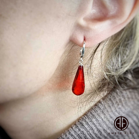 Red Amber Faceted Teardrop Dangle Earrings Sterling Silver