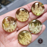 Green Amber Engraved Houses Round Shape Cabochons