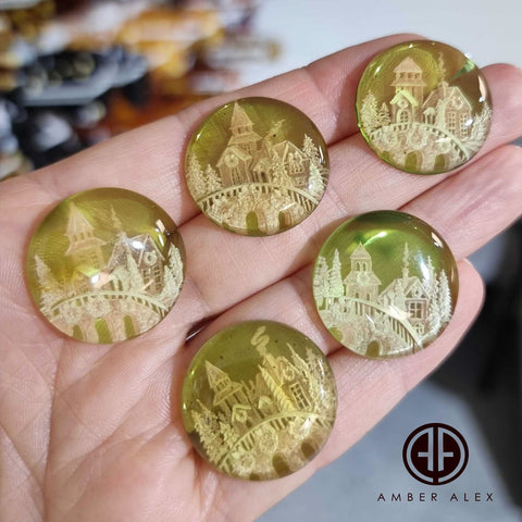 Green Amber Engraved Houses Round Shape Cabochons